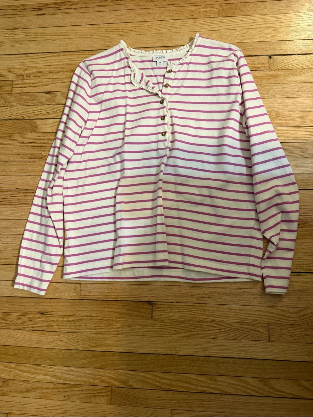 J. Crew White and Pink Striped Long-Sleeve Henley with Ruffle Neck